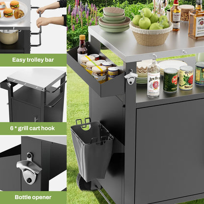 Outdoor Grill Cart With Patio Furniture, Outdoor Grill Table With Storage,Rolling Bar Cart Outdoor BBQ Cart With Hooks And Spice Rack For Grilling Accessories, Black